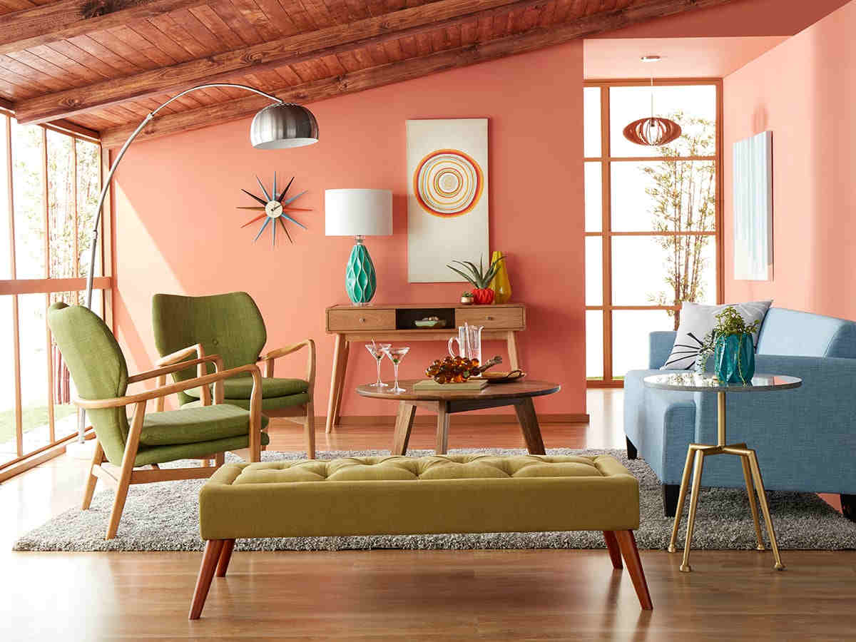 Colorful living room with mid-century furniture