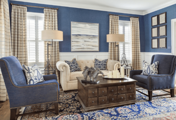Attractive living room in blue and brown