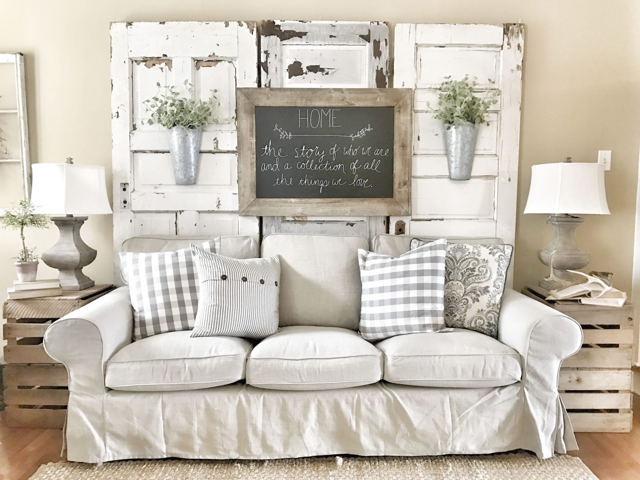 Mini farmhouse living room with recycled items. 