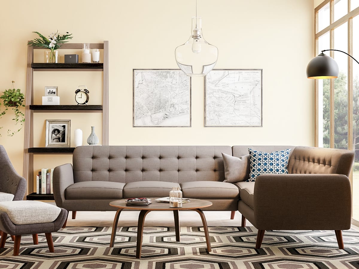 Trendy mid-century brown modern living room.  Source: Overstock.com
