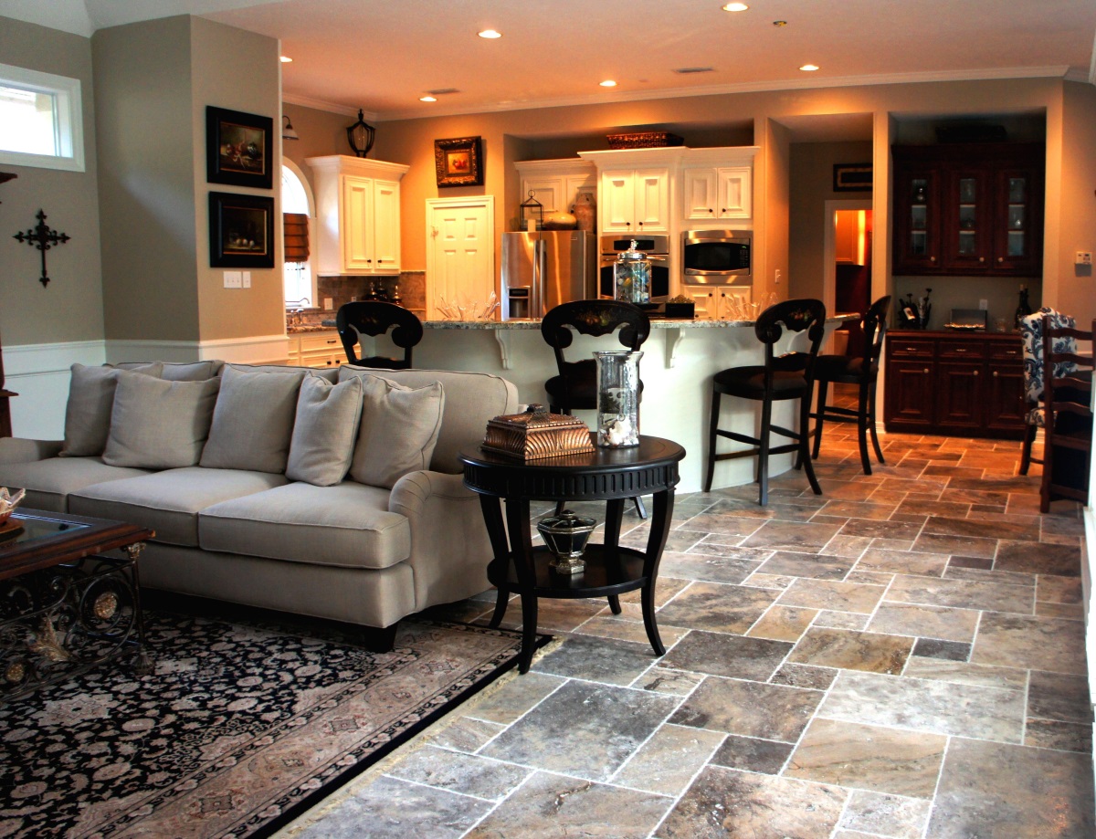 Travertine tiles living room floor.  Source: Pinterest
