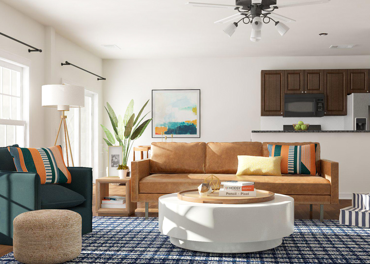 Living room with rounded furniture.  Source: Modsy blog