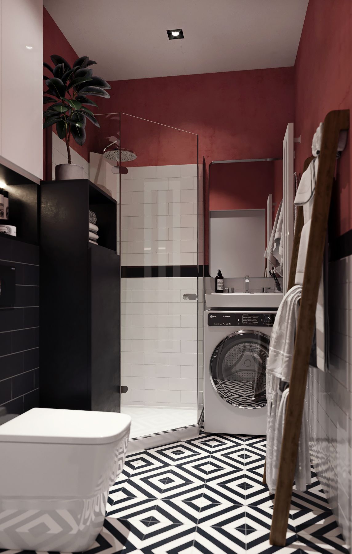 Clever burgundy colored bathroom