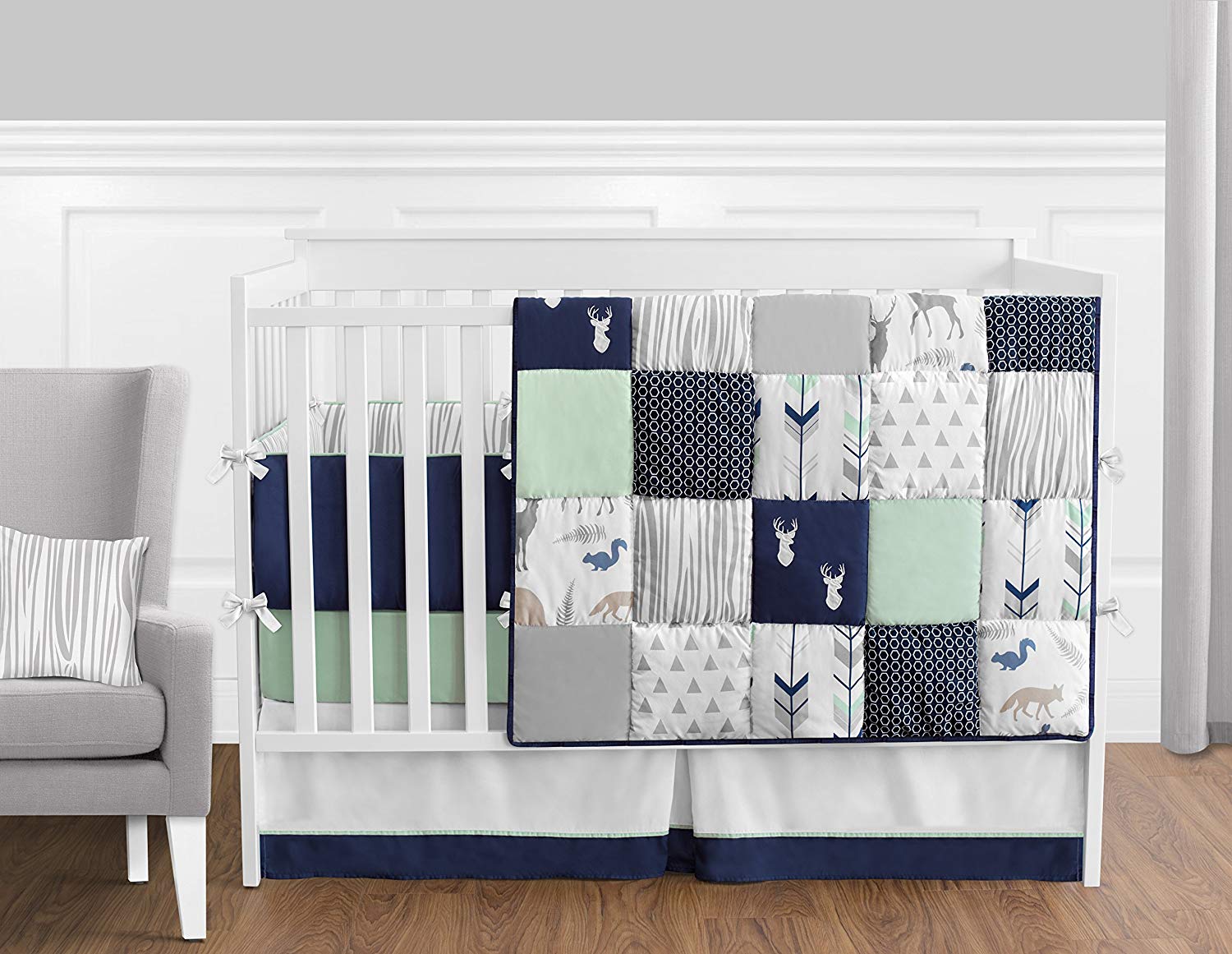 Baby bedding for boys amazon.com: cute Jojo designs 9-piece navy blue, mint and gray woody ANKSHHP