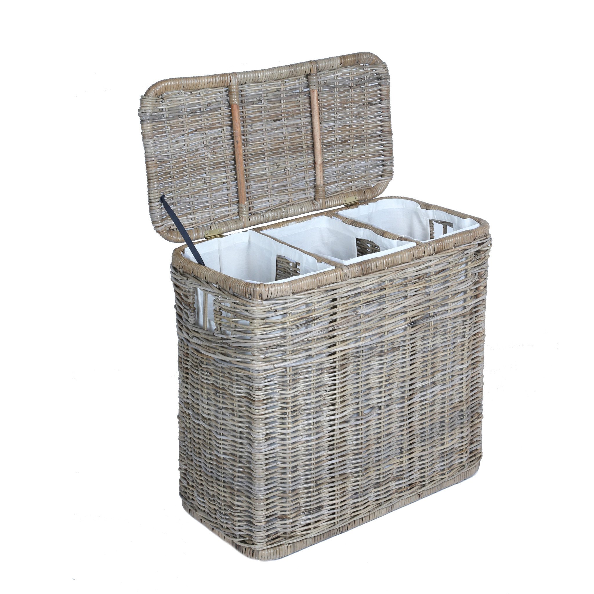 Kubu Wicker laundry basket with 3 compartments in cheerful gray with open lid |  BNLKHAW