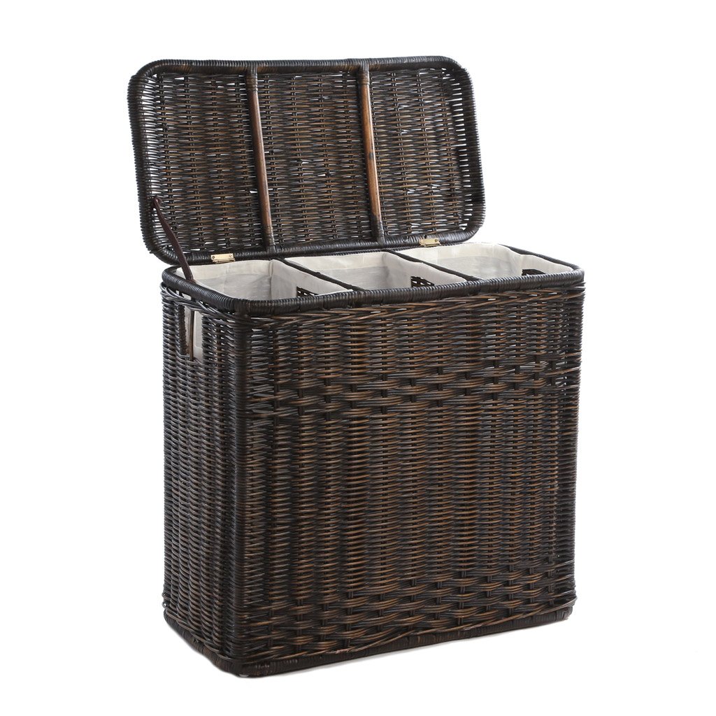 Wicker laundry basket with 3 compartments in antique walnut brown, shown with lid AAQRQSC