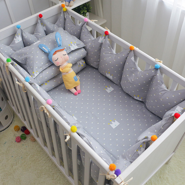 6pcs / set cotton baby crib bedding set gray crown bedclothes toddler bed OOYABFQ
