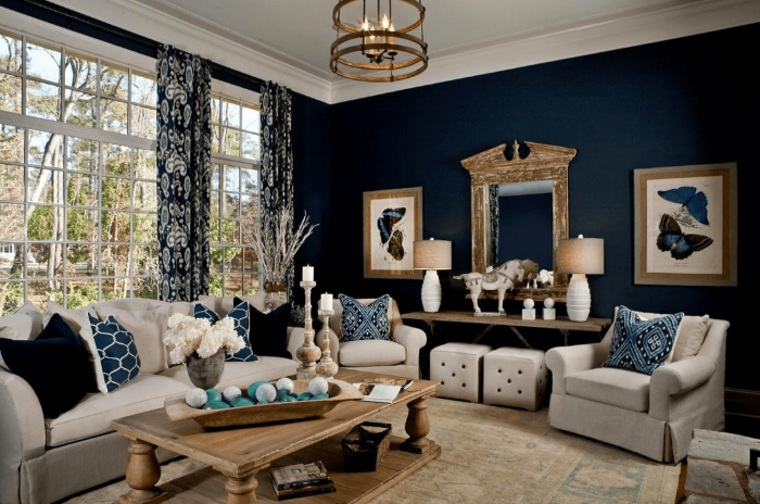 Glam blue and brown living room