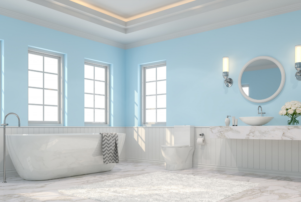 Sunny blue and white bathroom