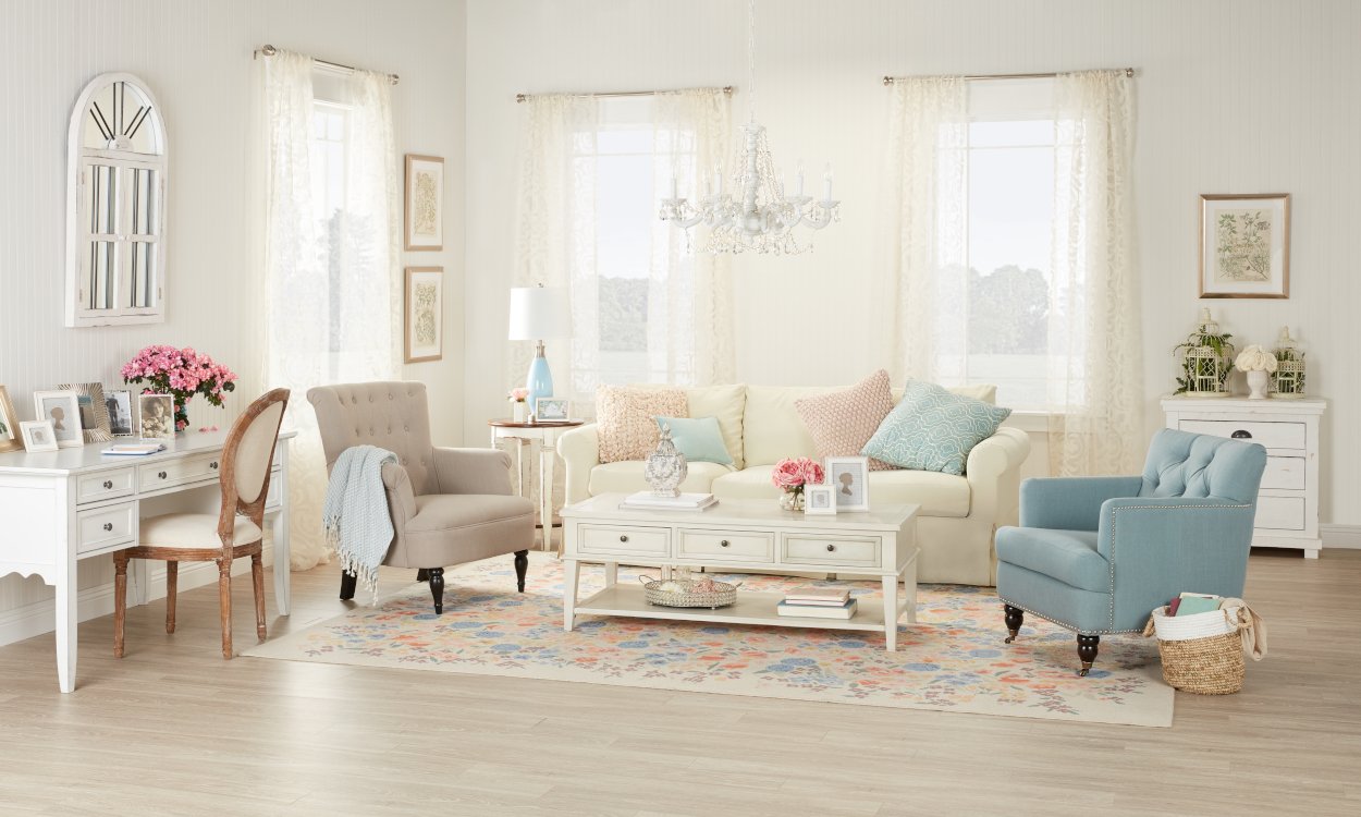 1. Nice spacious living room in shabby chic.  Source: Overstock.com
