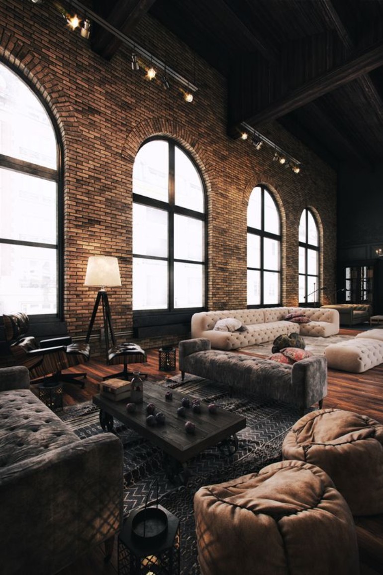 Industrial living room with a high factory ceiling.  Source: livingroomideas.eu