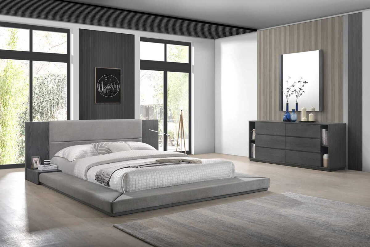 Spacious gray bedroom
