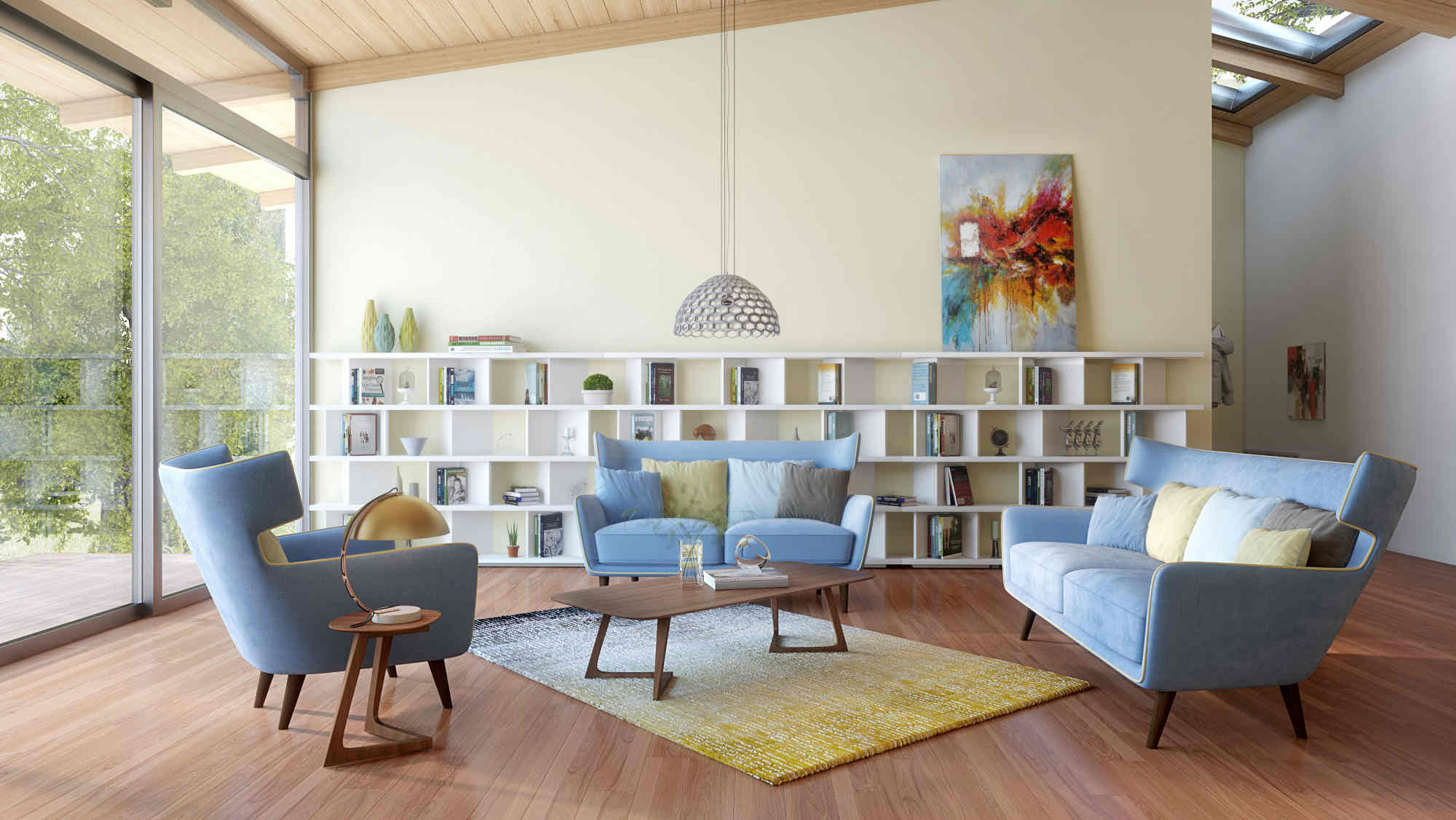 Spacious mid-century modern living room.  Source: donpedrobrooklyn.com