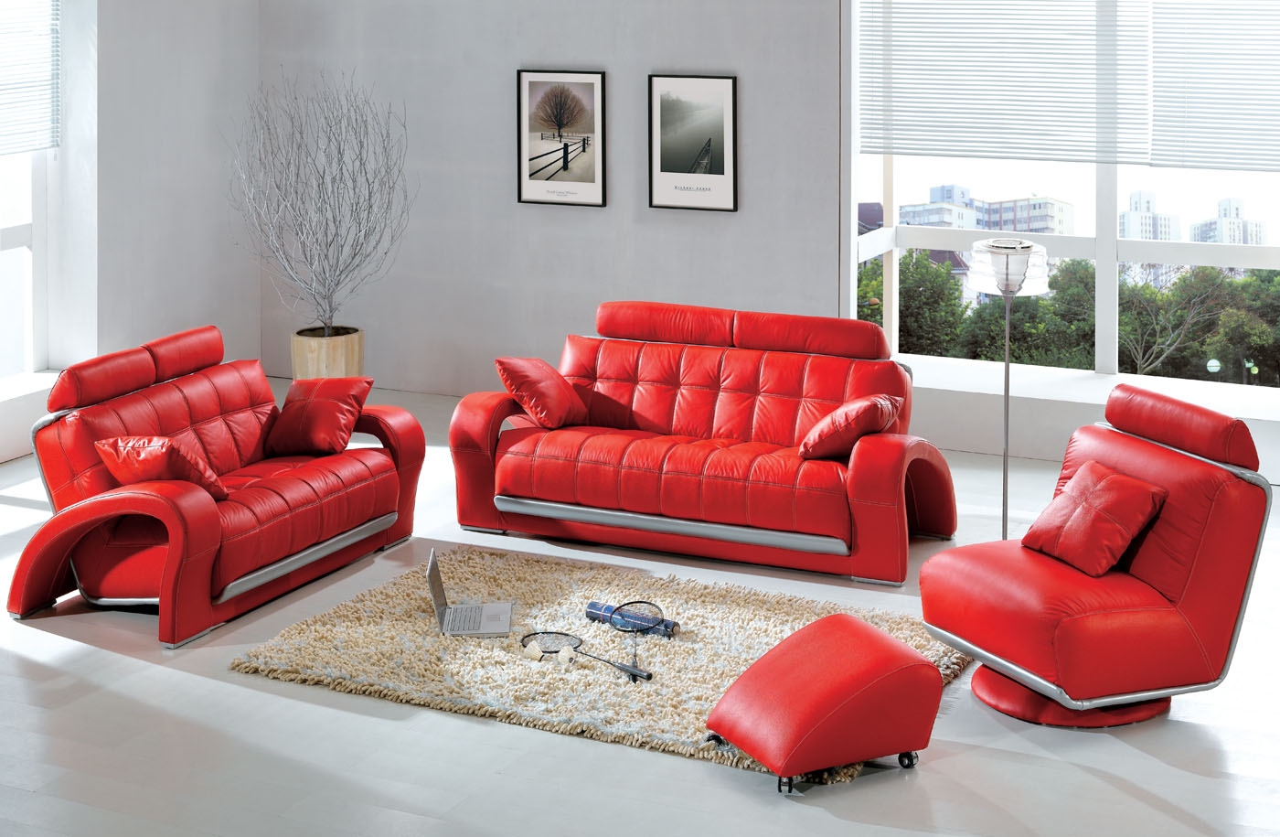 Simple red couch set with a cute ottoman