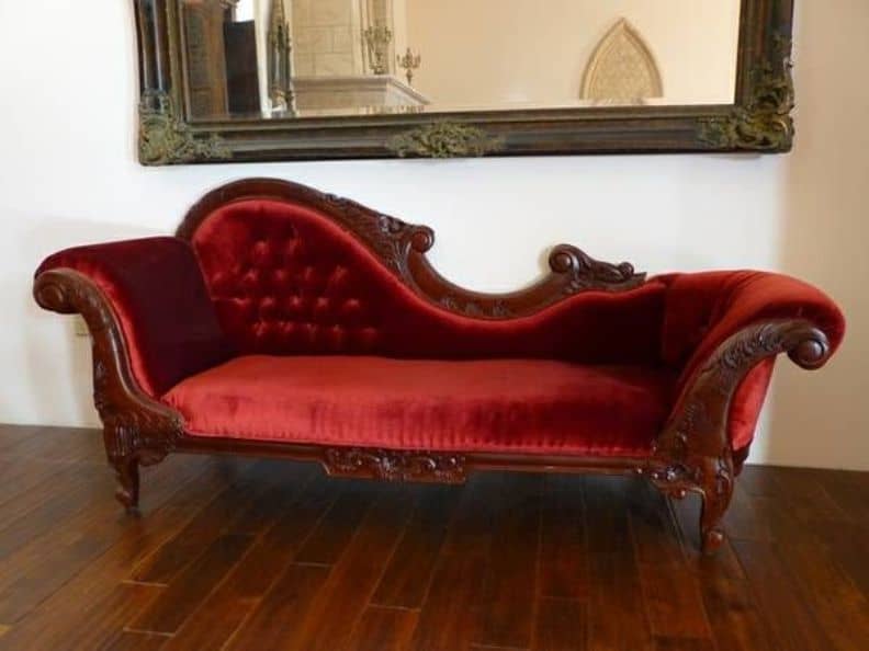 amazing passed out couch with red velvet fabric and carved wooden legs JLPIOEW