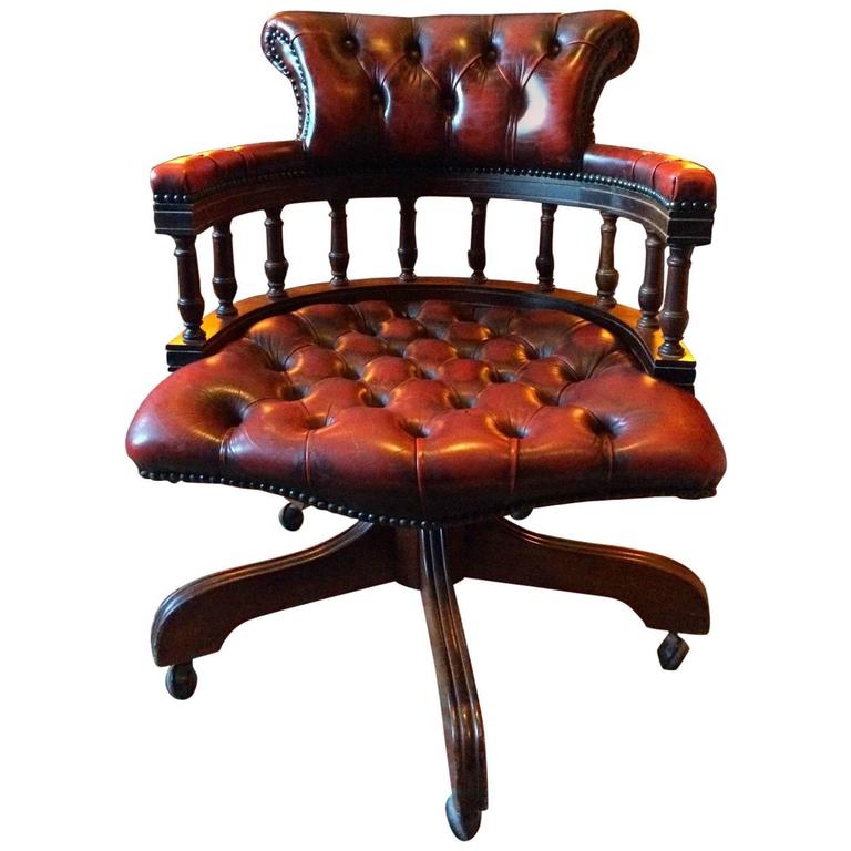 Antique style captain's chair desk Chesterfield leather ox blood for sale QODUXOW