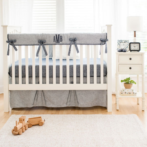 Baby Nursery Bedding Sets Navy Linen Bedding Set |  washed linen indigo stripe collection OEPXAMJ