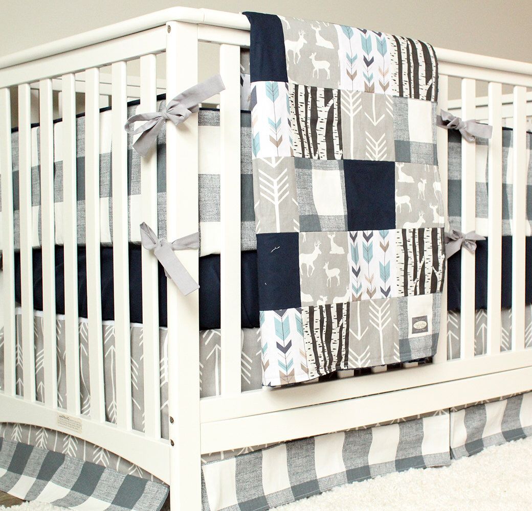 Baby Boys Nursery Bedding Sets, Forest Nursery Bedding Set, Deer Bedding, Navy Blue, Gray Arrow, XWUZSPU