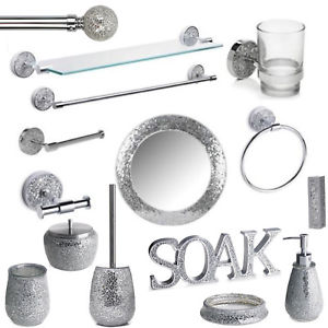 Bathroom accessories set image is loading Silver mosaic bathroom accessories set -silver-sparkle-mirror- FLOWONF