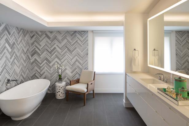 Bathroom floor options Herringbone tile wall highlights modern home bathroom ECXXFJT