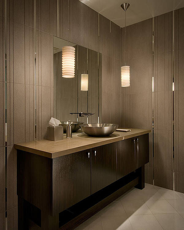 Show lighting ideas for the bathroom in the gallery modern tiled bathroom with stylish pendant lights JAESAFG