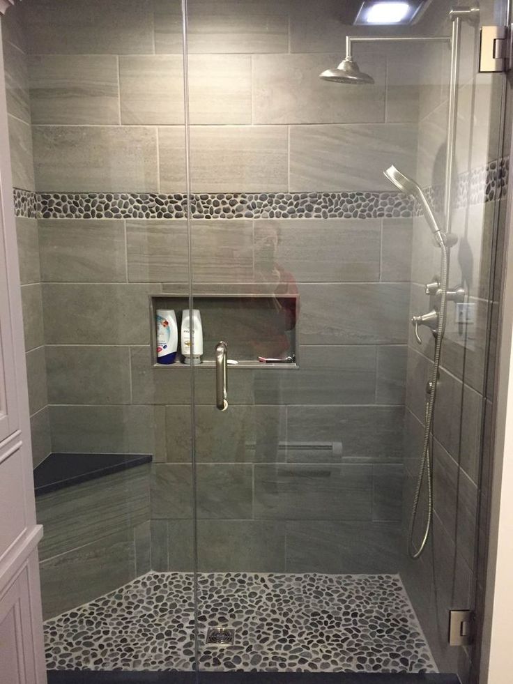 Bathroom showers large anthracite black pebble tile shower accent.  https://www.pebbletileshop.com/gallery/charcoal-black-pebble-tile-border- Shower-accent.html # u2026 AMMYDMR