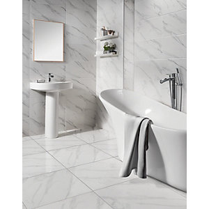 Wall tiles for bathroom Wickes Calacatta glossy white glazed porcelain stoneware tile 605 x 605mm EZQUQQR