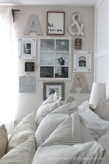Bedroom wall decoration a picture wall with personal wedding photos, monograms and signs GPJTFHF