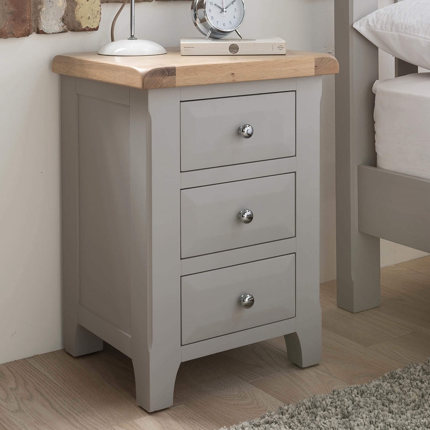Bedside tables vida living clemence Bedside table made of soft gray and solid oak WAFKUIV