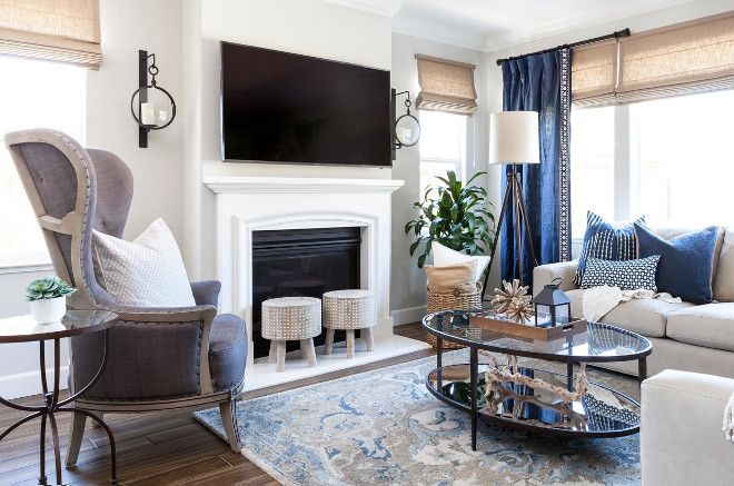 Living room color scheme in blue, white, gray and beige.  |  Beige.