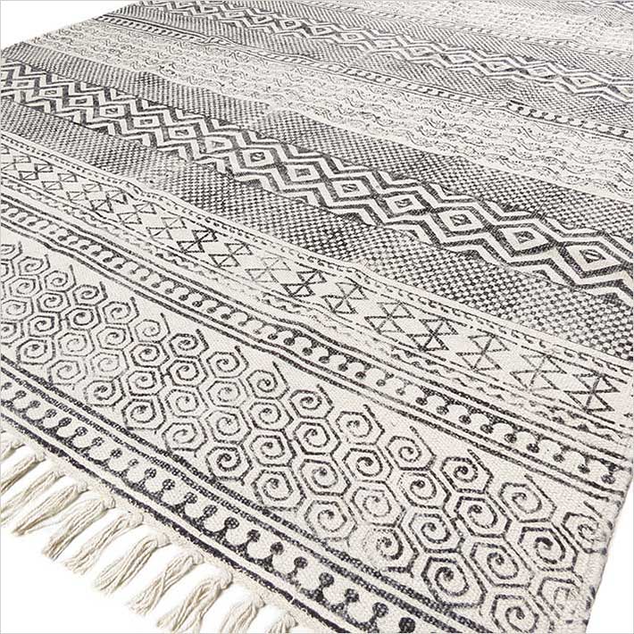Black and White Carpets Black and White Block Printing Flat Weave Woven Area Accent Dhurrie Cotton Carpet KGDDDTC