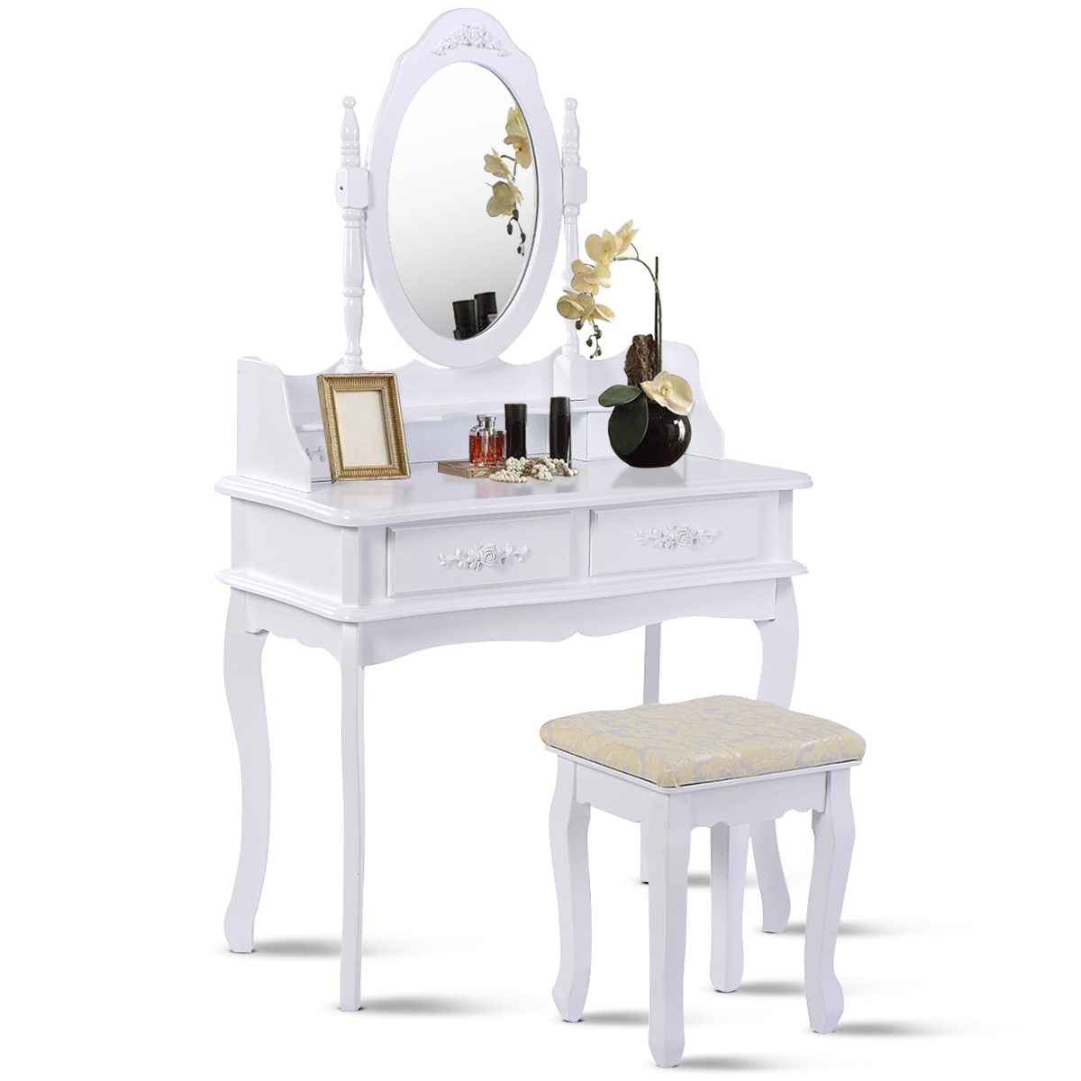 Costway White Dressing Table Dressing Table Set Bathroom with Stool 4 QZJMXFV