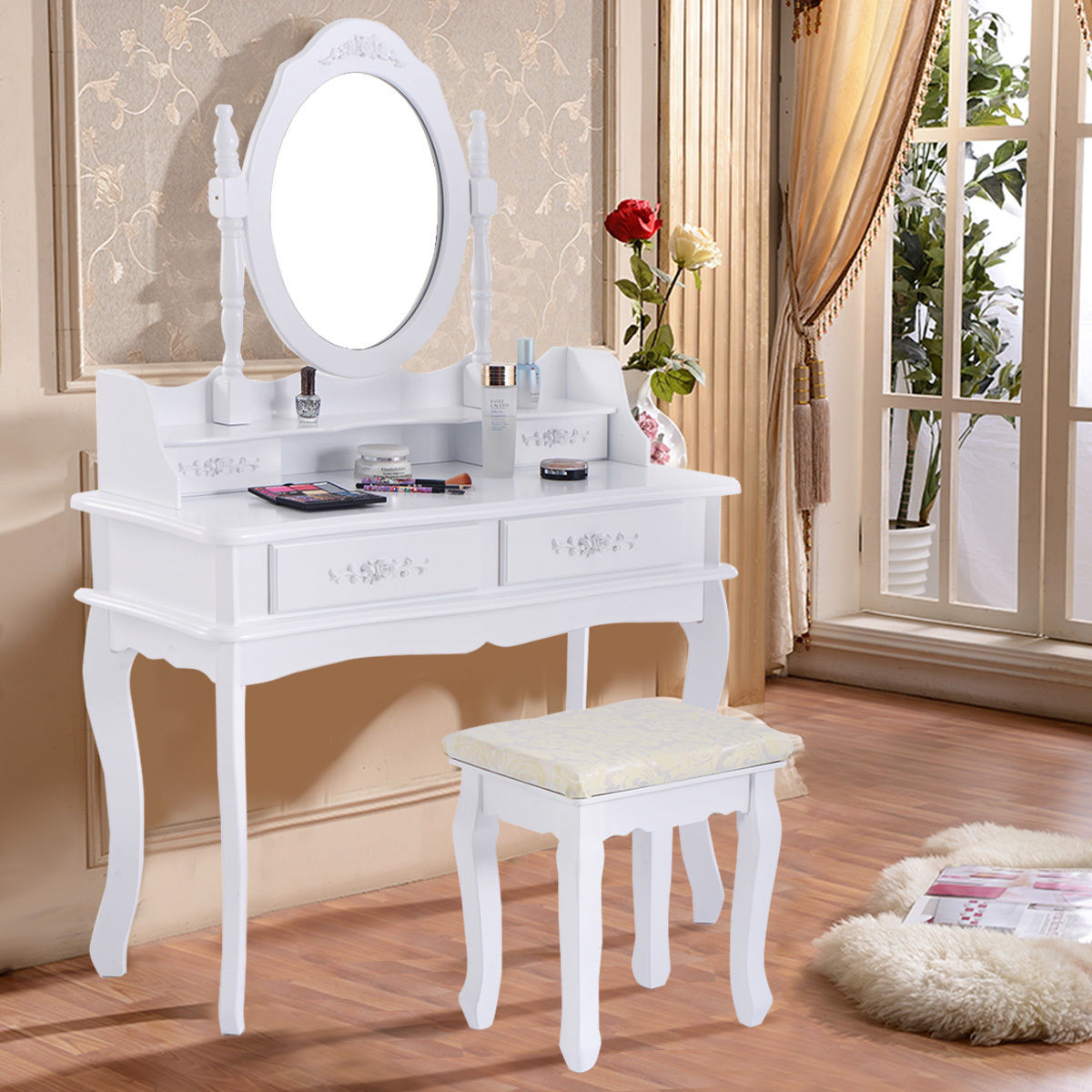Costway white dressing table dressing table set bathroom with stool 4 VSKXLRO