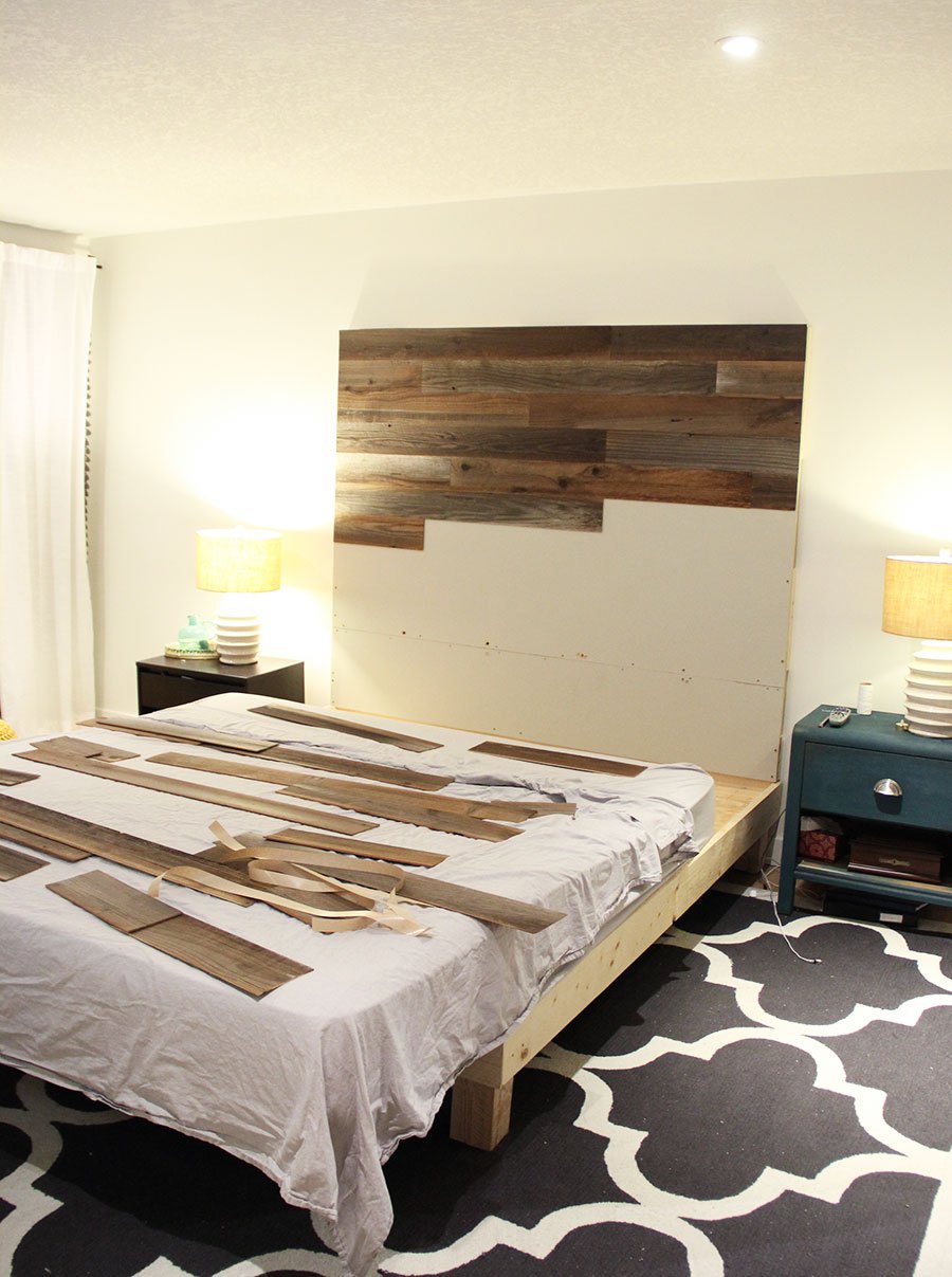 DIY headboard Gorgeous DIY wooden headboard with MDF and Stikwood pee-and-stick planks!  see NECPZRI