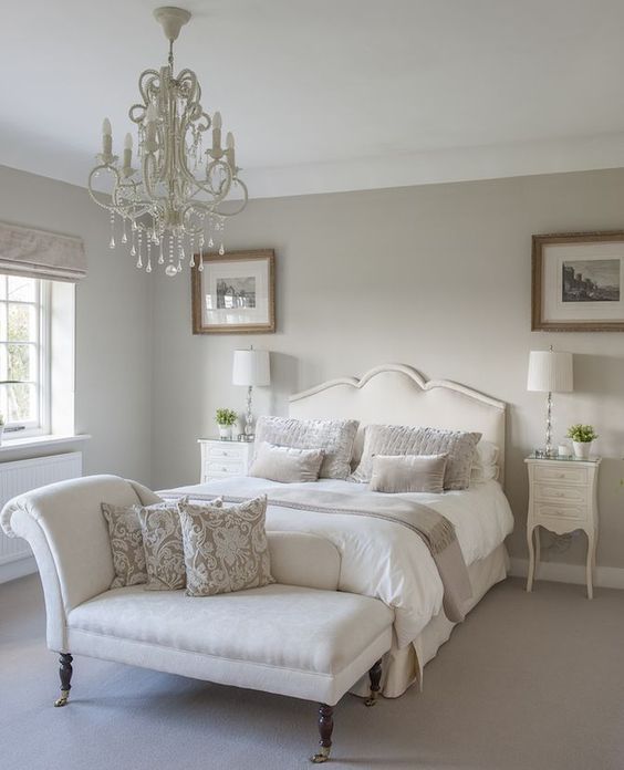 French country bedroom decor, neutral tone bedroom, white linens.
