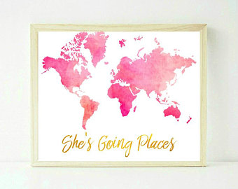 Girls room decor sheu0027s go places, girls room decor, pink world map, pink and gold, DIMERSG