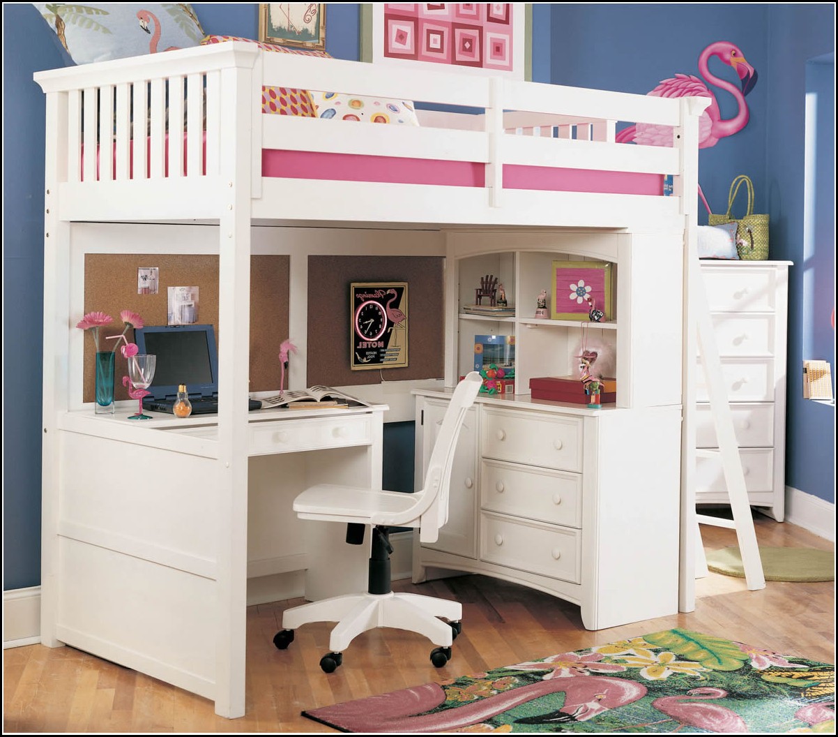 Girls white wooden bunk bed with desk and chair TQYUEYM