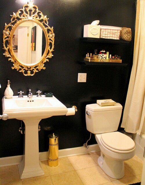 Design indulgences |  Bathroom in black and gold, bathroom in gold, gold.