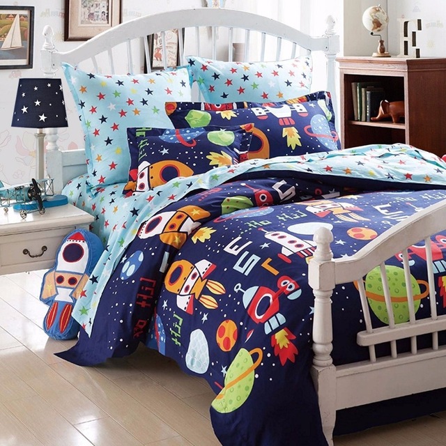 Children's Bedding Boys Bedding Sets Outer Space Adventure Bedding Set 100% Cotton Queen Size Kids WWBVEUZ