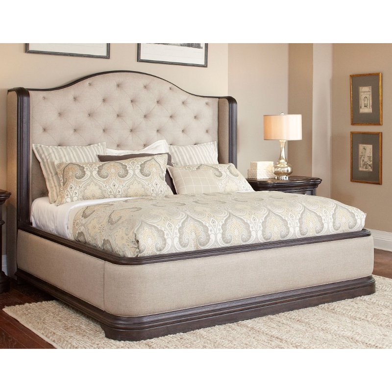 King size bed Queen size bed with wing back upholstery made of dark oak - ravena URTQTGW