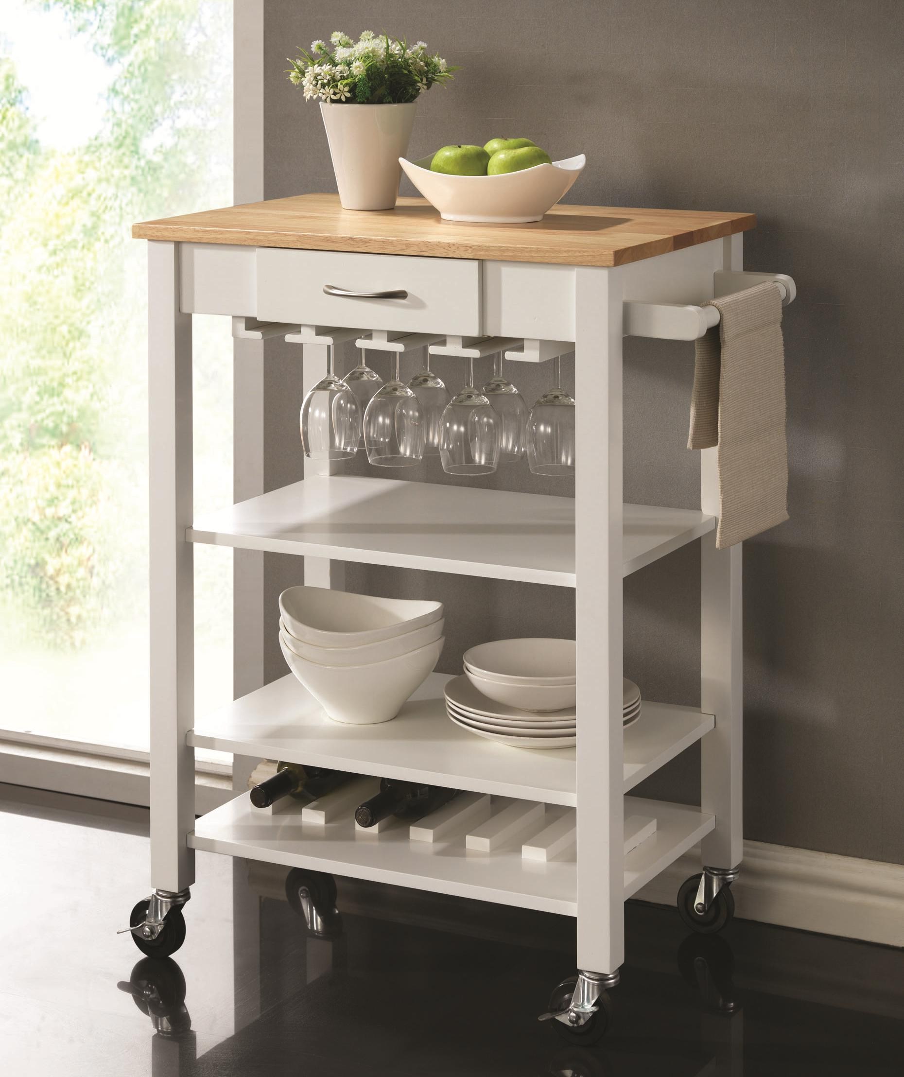 Kitchen trolley white / natural Kitchen trolley with butcher block plate from Coaster CMXZRTS