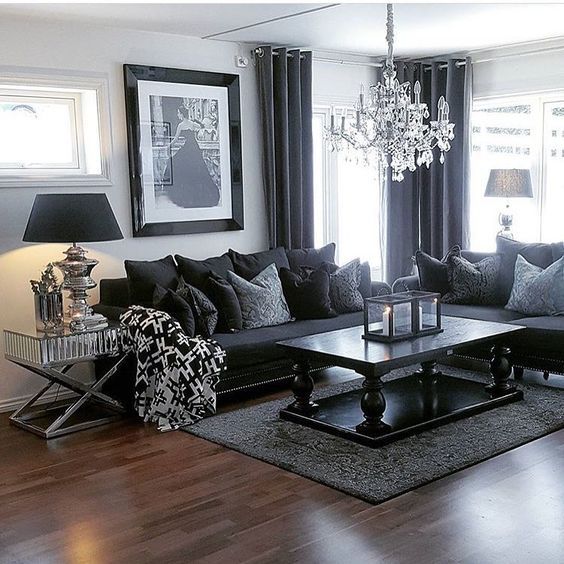 100 modern home decor ideas |  Dark living room, black furniture.