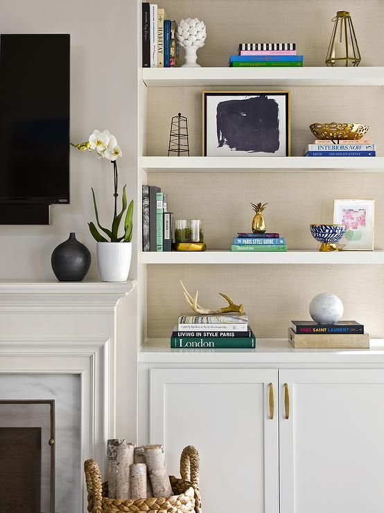 Living room shelves beautifully decorated transitional living room is equipped with built-in white shelves PEBQMAT