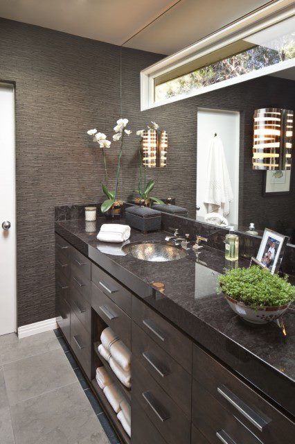 Love the black stone on dark wood |  Bathroom decor for men.