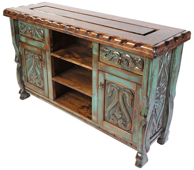mexican furniture green patina painted wood carved floral buffet with scalloped edge on top STTNHLA