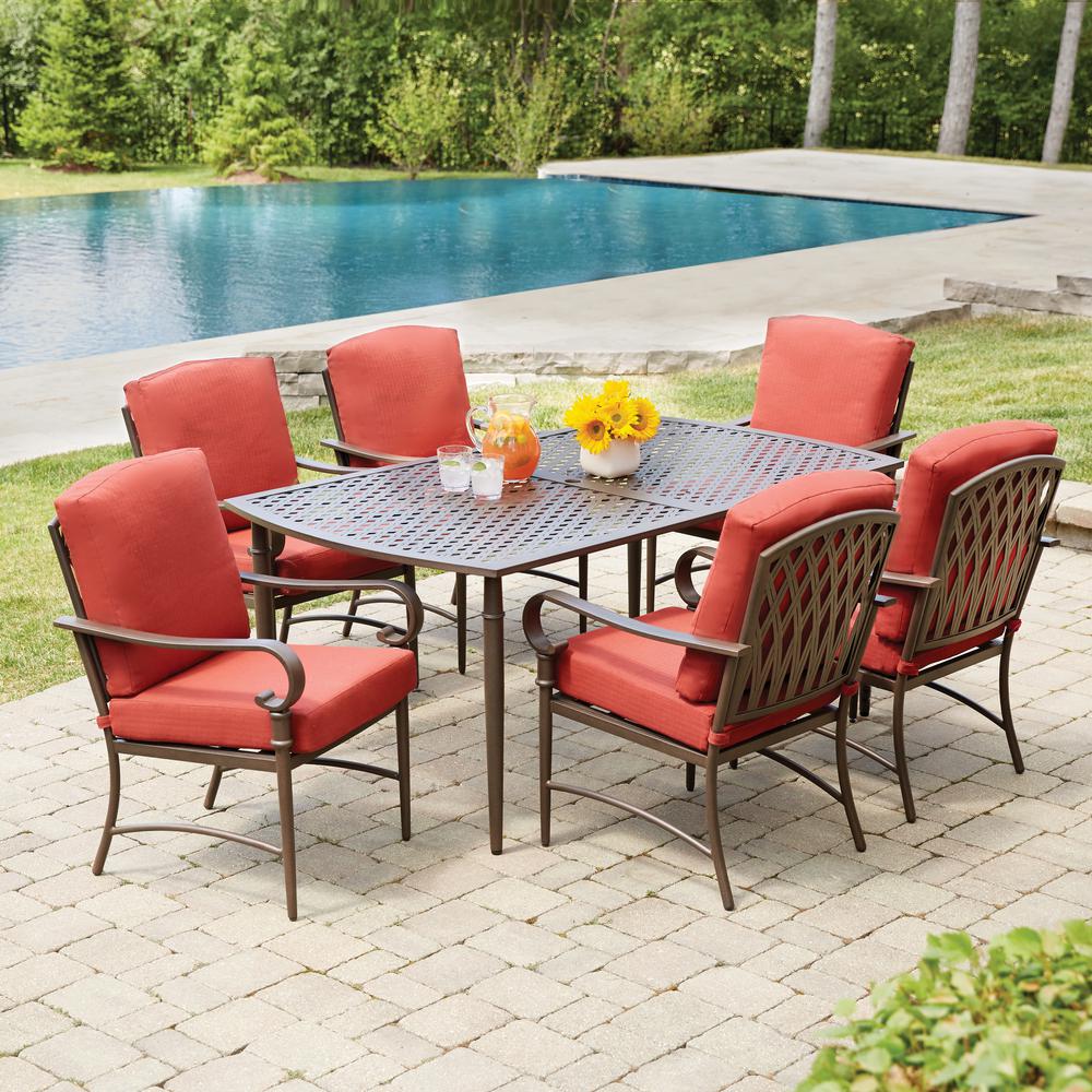 Outdoor dining furniture Hampton Bay Oak Cliff 7-piece metal outdoor dining set with chilli cushions XAWJDTY