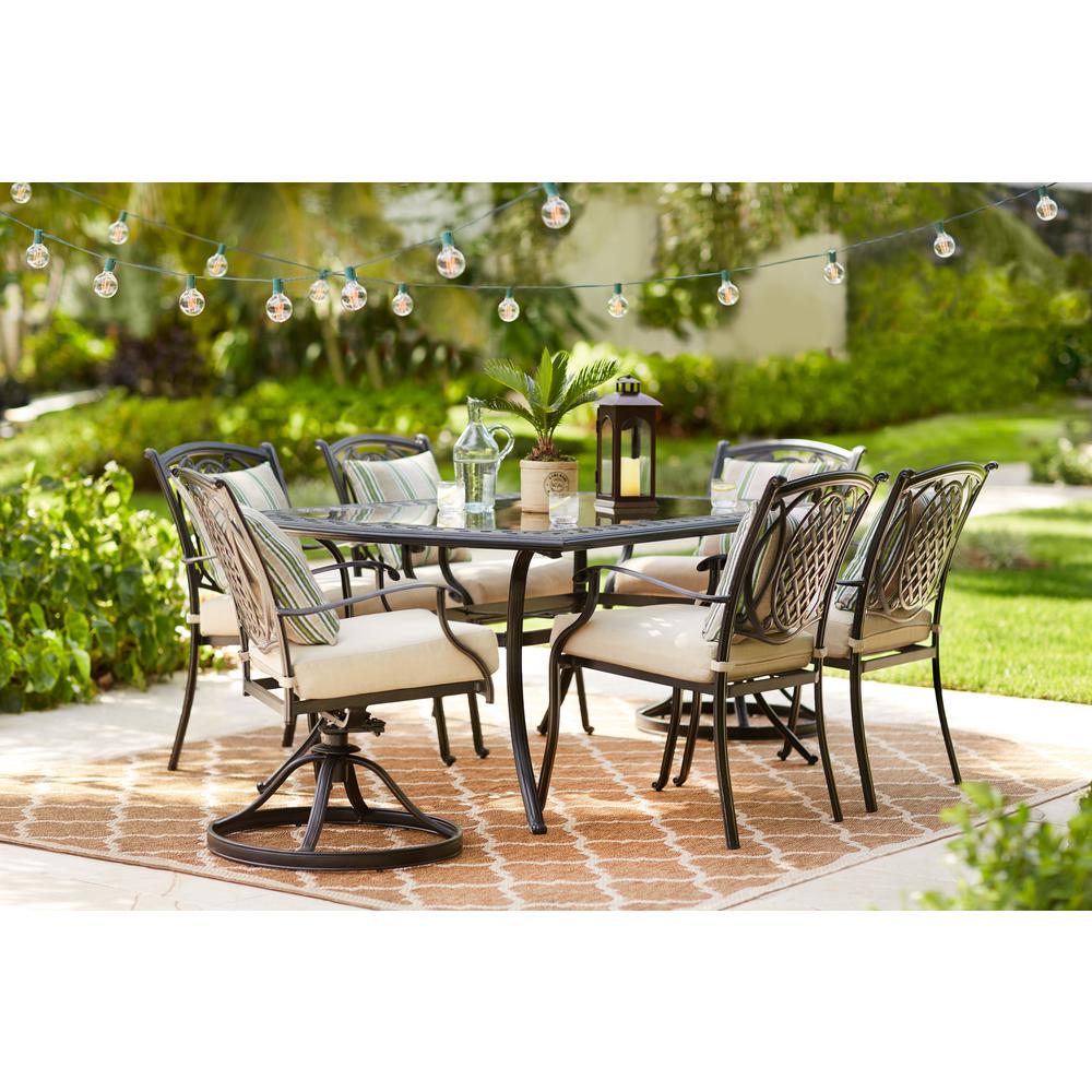 Outdoor dining set Hampton Bay Belcourt 7-piece metal outdoor dining set with pillow protection oatmeal VPJFFFW