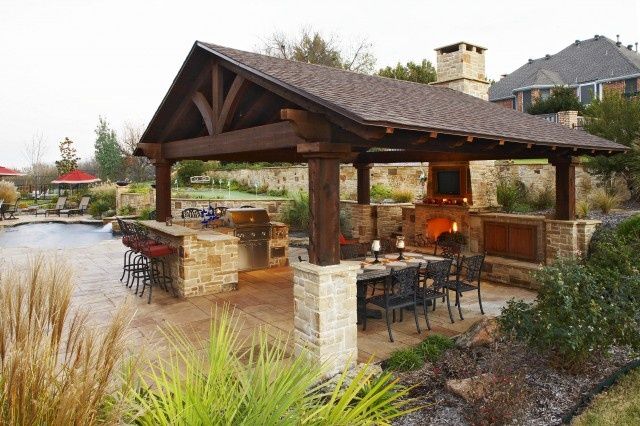 Outdoor kitchen designs with fireplace |  covered outdoor kitchen.