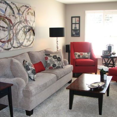 Gray sofa Red Living design ideas, pictures, remodeling and decor.