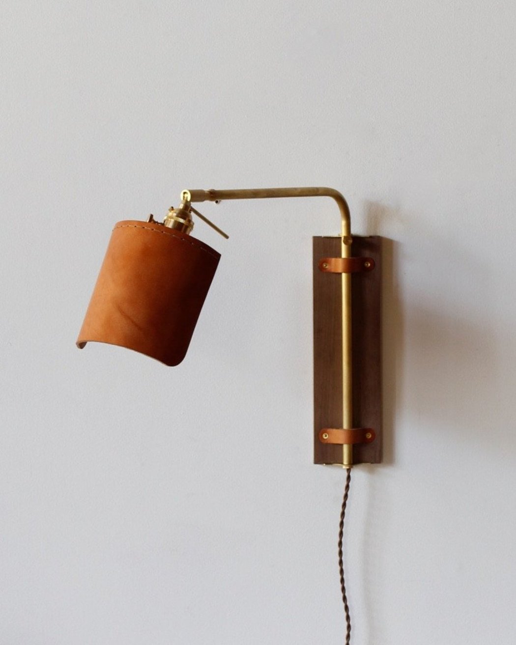 robert ogden ava leather wood brass wall lamp ... KCUOJXF